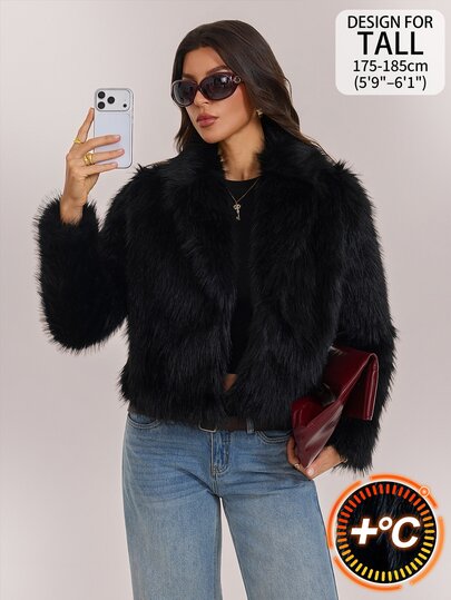 SHEIN Tall Women's Winter Loose Long Sleeve Faux Fur Coat - Fluffy And Thick, Combining "Old Money Style" And Casual Elegance, Black Plush Texture.