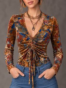 Solivie Women's Autumn Yellow Velvet Printed Top - Yellow - View 7