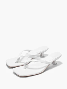 Eladyva Plus Size Summer New Soft Leather Square Toe Sandals, Thong Kitten Heel Sandals - White - View 4