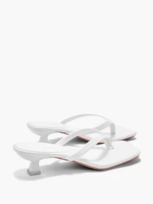 Eladyva Plus Size Summer New Soft Leather Square Toe Sandals, Thong Kitten Heel Sandals - White - View 6