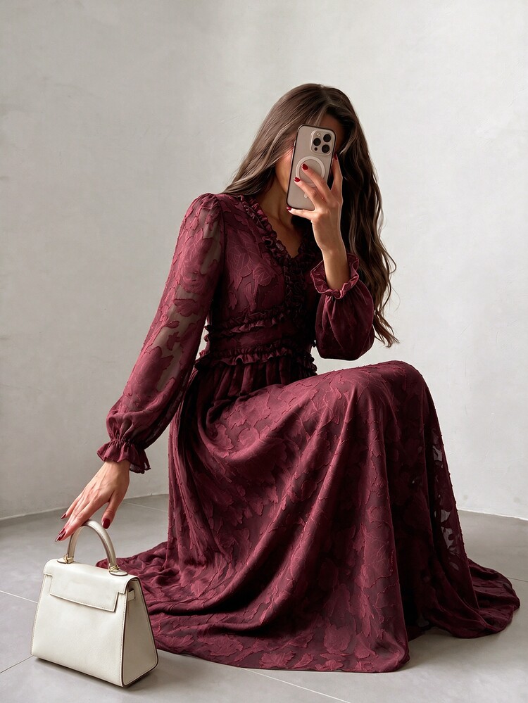 NOVVYNE Women's Burgundy Woven Cut-Out Long Sleeve Cinched Waist A-Line Elegant Romantic Dress - Burgundy - View 1