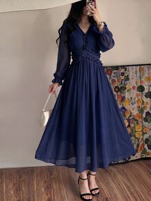 NOVVYNE 女款春夏海軍藍梭織長袖收腰波浪下擺優雅浪漫洋裝 - 藏蓝色 - 查看 7