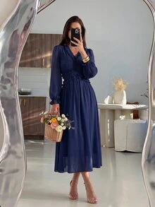 NOVVYNE 女款春夏海軍藍梭織長袖收腰波浪下擺優雅浪漫洋裝 - 藏蓝色 - 查看 9