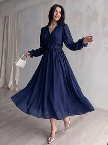 NOVVYNE 女款春夏海軍藍梭織長袖收腰波浪下擺優雅浪漫洋裝 - 藏蓝色 - 查看 6