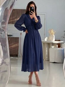 NOVVYNE 女款春夏海軍藍梭織長袖收腰波浪下擺優雅浪漫洋裝 - 藏蓝色 - 查看 8