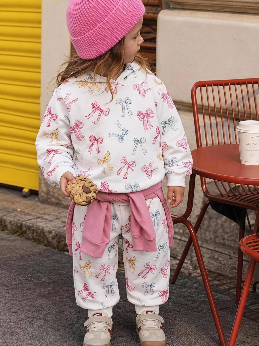 THE HAPPY LOOK 2pcs/Set Young Girl Bow Knit Soft Round Neck Long Sleeve Pullover Sweatshirt And Elastic Waist Pants - Multicolor - View 1