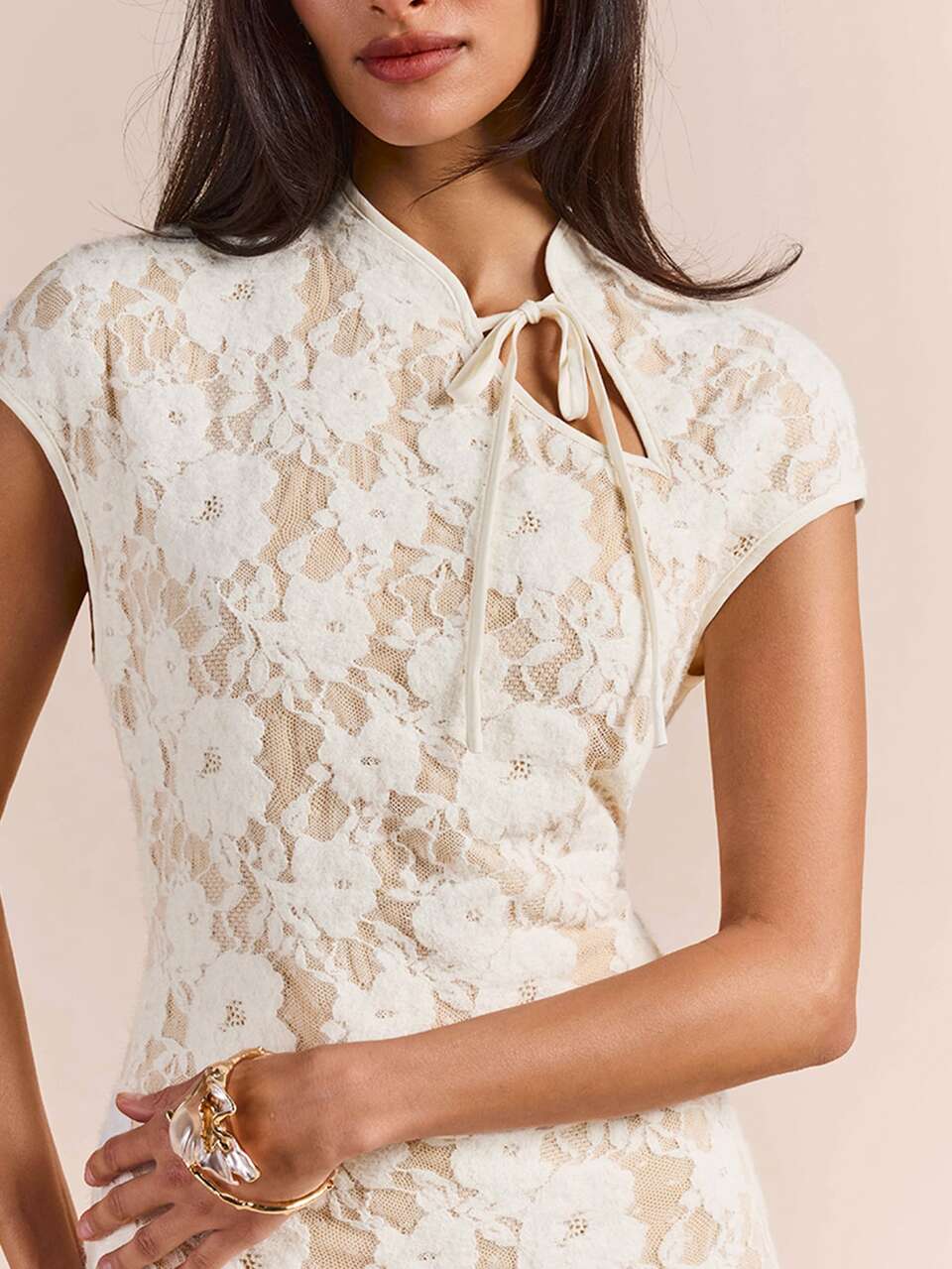Enchnt Premium Summer Romantic Women's Elegant White Floral Lace Ruffle Cheongsam Dress, New Chinese Style, Casual, Festival New Year Wedding Party