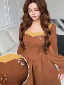 Feyla Women's Floral Embroidered Pleated Casual Party Summer Midi Dress - Brown - View 1