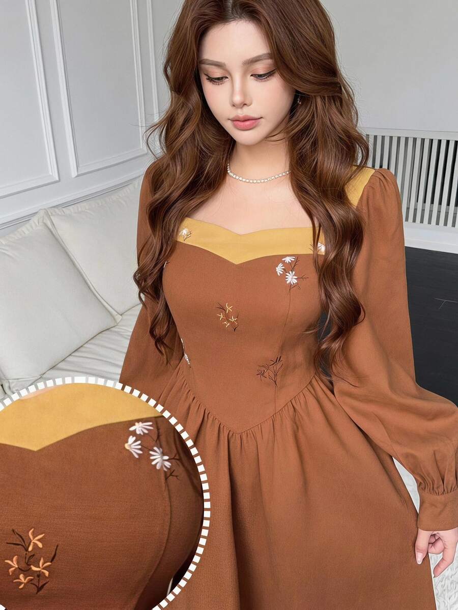 Feyla Women's Floral Embroidered Pleated Casual Party Summer Midi Dress - Brown - View 1