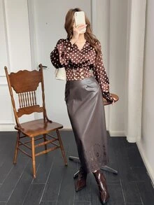 Feyla Women's French Polka Dot Print Faux Pearl Button Long Sleeve Blouse - Brown - View 6