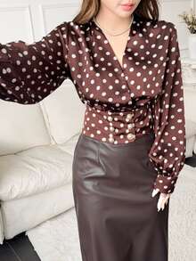 Feyla Women's French Polka Dot Print Faux Pearl Button Long Sleeve Blouse - Brown - View 3