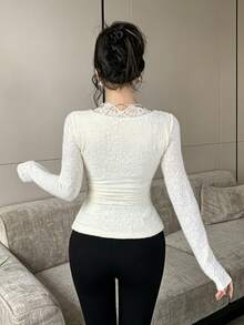 Feyla Women's Elegant Commute Solid Color Jacquard Wrap Blouse - Apricot - View 3