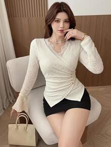 Feyla Women's Elegant Commute Solid Color Jacquard Wrap Blouse - Apricot - View 2