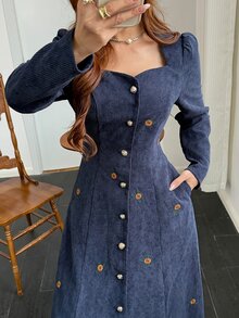 Feyla Women's Floral Embroidered Sweetheart Neckline Single-Breasted Elegant Midi Dress - Blue - View 6
