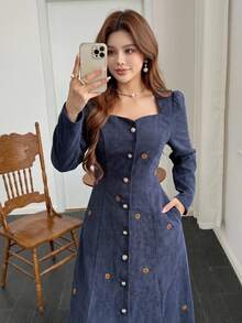 Feyla Women's Floral Embroidered Sweetheart Neckline Single-Breasted Elegant Midi Dress - Blue - View 2