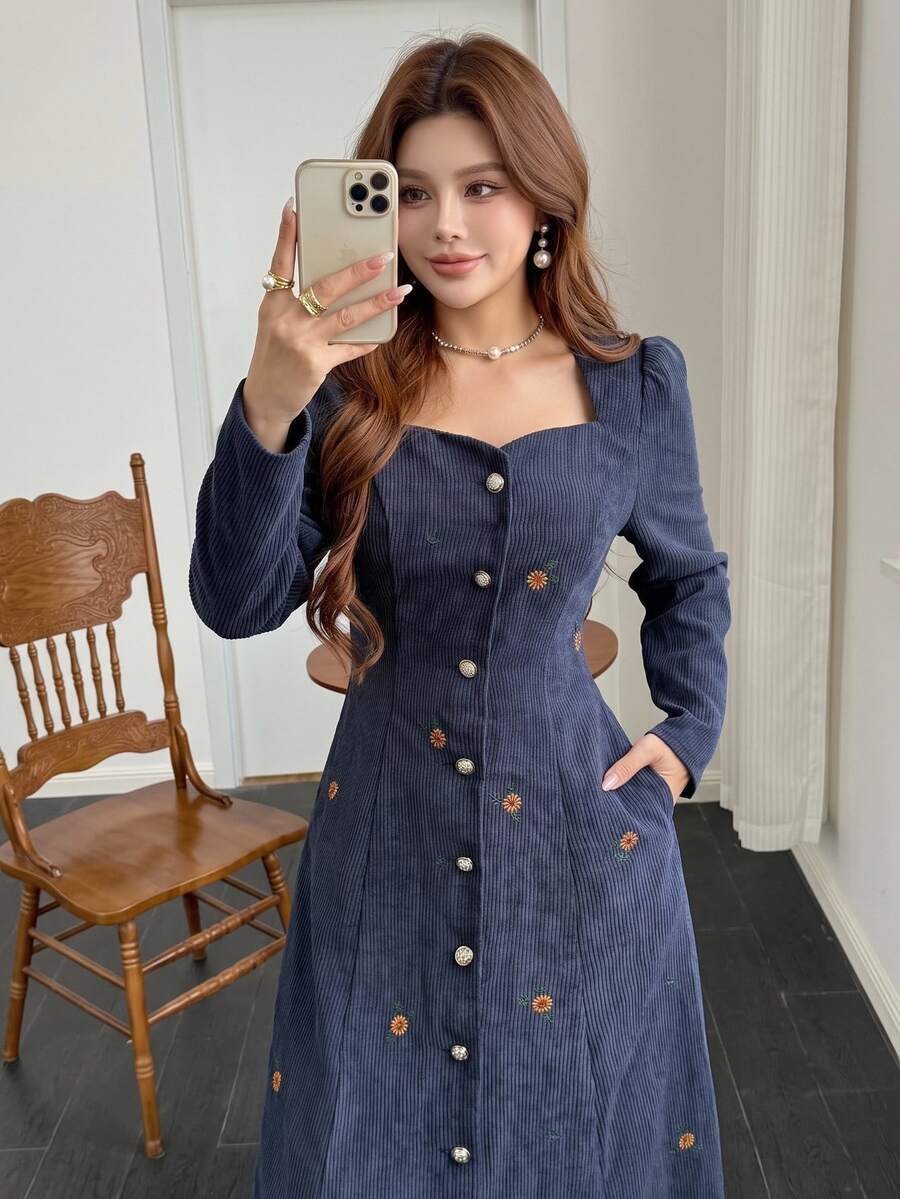 Feyla Women's Floral Embroidered Sweetheart Neckline Single-Breasted Elegant Midi Dress