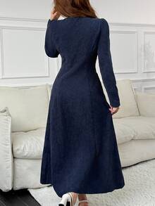Feyla Women's Floral Embroidered Sweetheart Neckline Single-Breasted Elegant Midi Dress - Blue - View 3