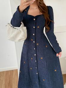 Feyla Women's Floral Embroidered Sweetheart Neckline Single-Breasted Elegant Midi Dress - Blue - View 4