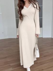 Feyla Women's Faux Pearl Decorated Textured Long Sleeve Elegant Dress - Apricot - View 4