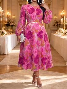 Fleurora Plus Size Fashion Elegant Jacquard Dress Fall - Hot Pink - View 5