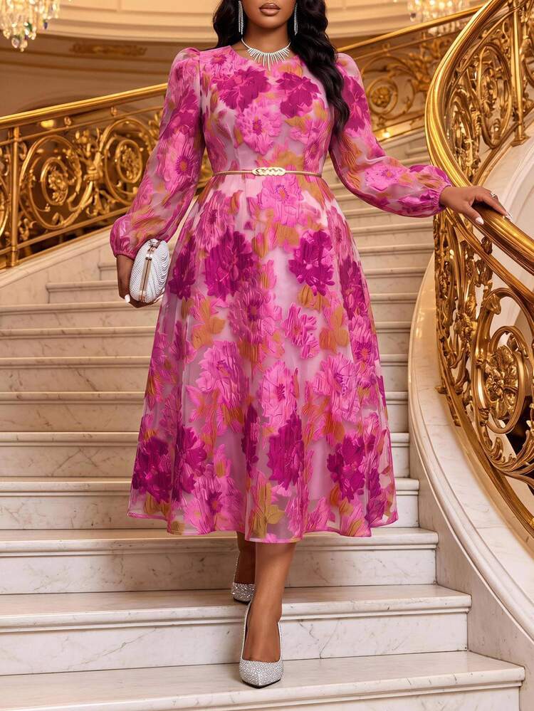 Fleurora Plus Size Fashion Elegant Jacquard Dress Fall - Hot Pink - View 7