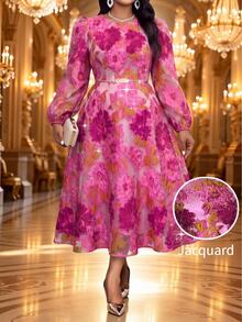 Fleurora Plus Size Fashion Elegant Jacquard Dress Fall - Hot Pink - View 2