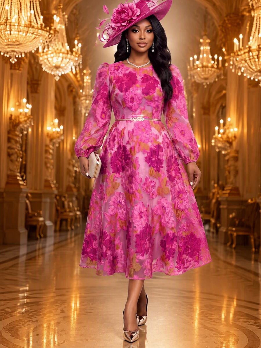 Fleurora Plus Size Fashion Elegant Jacquard Dress Fall - Hot Pink - View 1