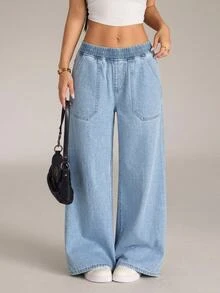 SHEIN PETITE Women's Casual Washed Wide Leg Jeans - Blue - View 6