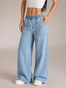 SHEIN PETITE Women's Casual Washed Wide Leg Jeans - Blue - View 5