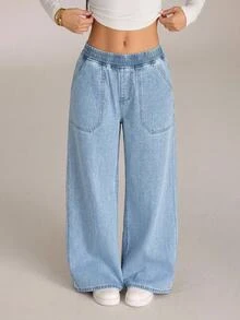 SHEIN PETITE Women's Casual Washed Wide Leg Jeans - Blue - View 4