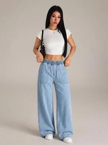 SHEIN PETITE Women's Casual Washed Wide Leg Jeans - Blue - View 3