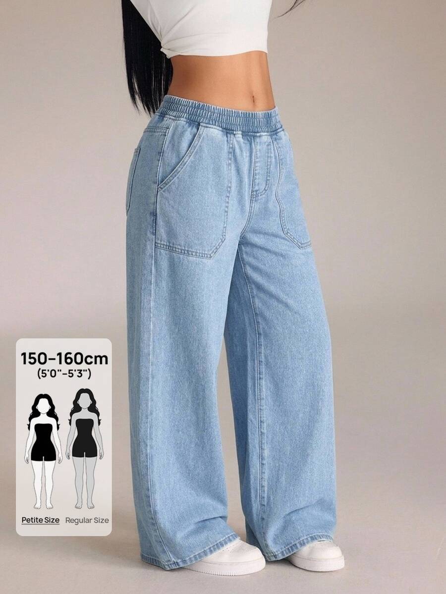 SHEIN PETITE Women's Casual Washed Wide Leg Jeans - Blue - View 1