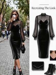 SHEIN Fall/Winter Women Elegant Black Dress,Romantic Bubble Sleeve Sexy Dress,Party,Wedding,Birthday,Formal,Business,Festival,Casual,Chic,Classic,Going Out, - Black - View 2