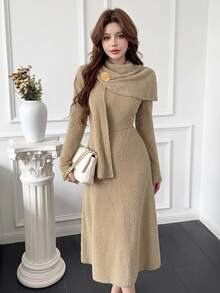 Feyla Gaun Panjang Sedang Elegan untuk Wanita untuk Musim Gugur/Dingin - Khaki - View 1