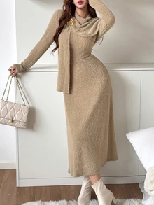 Feyla Gaun Panjang Sedang Elegan untuk Wanita untuk Musim Gugur/Dingin - Khaki - View 3
