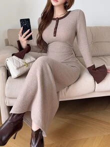 Feyla Gaun Panjang Rajut Lengan Lonceng Warna-warni Elegan untuk Wanita, Musim Gugur/Dingin - Khaki - View 6