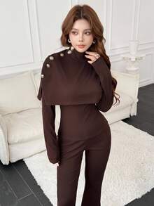 Feyla Women's Solid Color Fashion High Neck Long Sleeve Top And Slim Fit Pants Two Pieces Set - Brown - View 1