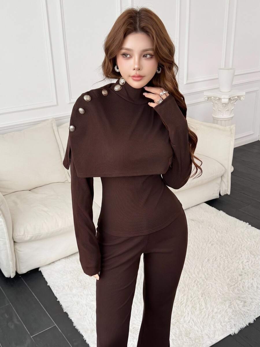 Feyla Women's Solid Color Fashion High Neck Long Sleeve Top And Slim Fit Pants Two Pieces Set - Brown - View 1