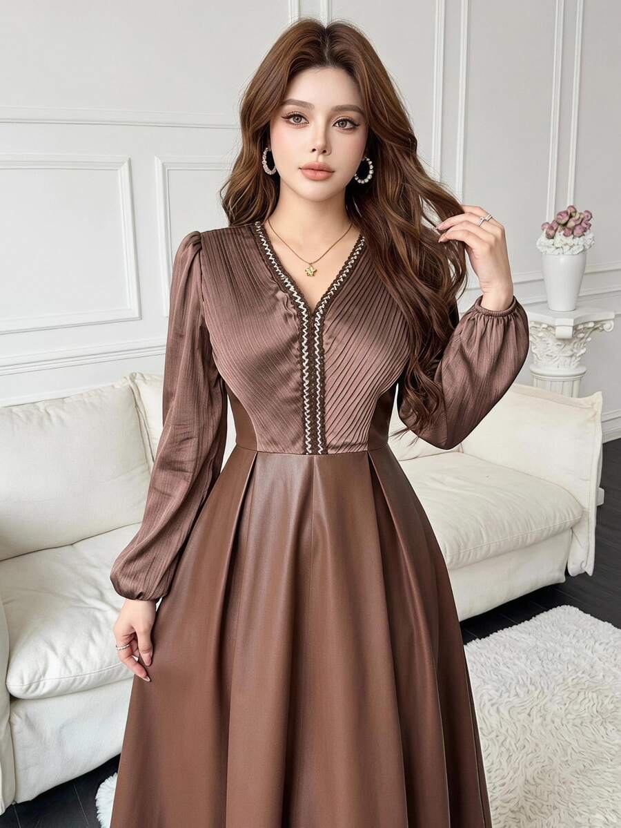 Feyla Women's V-Neck Petal Sleeve Pleated Long Dress - Brown - View 1