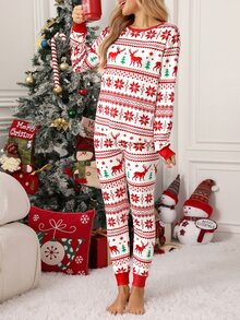 SHEIN Clasi Women's Christmas Home Wear New Year Warm Deer Print Long Sleeve Top And Pants Loungewear - Multicolor - View 4