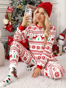 SHEIN Clasi Women's Christmas Home Wear New Year Warm Deer Print Long Sleeve Top And Pants Loungewear - Multicolor - View 1