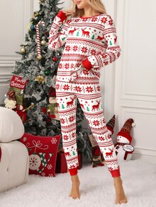 SHEIN Clasi Women's Christmas Home Wear New Year Warm Deer Print Long Sleeve Top And Pants Loungewear - Multicolor - View 5