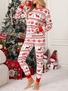 SHEIN Clasi Women's Christmas Home Wear New Year Warm Deer Print Long Sleeve Top And Pants Loungewear - Multicolor - View 3