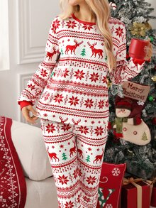 SHEIN Clasi Women's Christmas Home Wear New Year Warm Deer Print Long Sleeve Top And Pants Loungewear - Multicolor - View 2