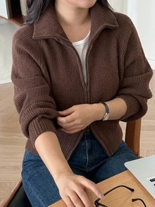 Livesso Loose Business Casual Minimalist Fashion Commuter Office Wear High Neck Knit Cardigan Sweater - Brown - View 9