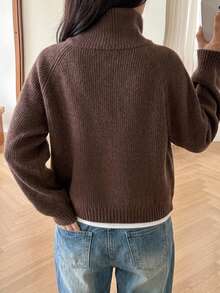 Livesso Loose Business Casual Minimalist Fashion Commuter Office Wear High Neck Knit Cardigan Sweater - Brown - View 2
