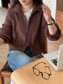 Livesso Loose Business Casual Minimalist Fashion Commuter Office Wear High Neck Knit Cardigan Sweater - Brown - View 5