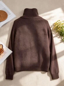Livesso Loose Business Casual Minimalist Fashion Commuter Office Wear High Neck Knit Cardigan Sweater - Brown - View 3