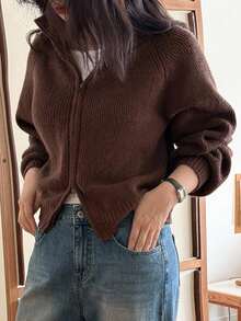 Livesso Loose Business Casual Minimalist Fashion Commuter Office Wear High Neck Knit Cardigan Sweater - Brown - View 7