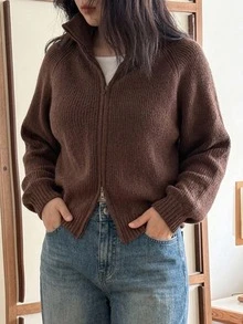 Livesso Loose Business Casual Minimalist Fashion Commuter Office Wear High Neck Knit Cardigan Sweater - Brown - View 4